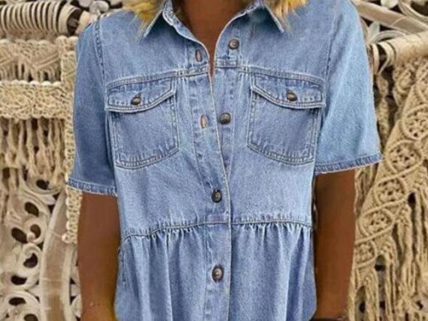 Women Botton Down Loose Short Sleeve Denim Jean Dress - Mini Dresses - INS | Online Fashion Free Shipping Clothing, Dresses, Tops, Shoes - 10/05/2021 - Color_Blue - DRE210510894