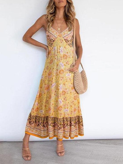 Women Casual Deep V Neck Sling Floral Print Dress - Dresses - INS | Online Fashion Free Shipping Clothing, Dresses, Tops, Shoes - 13/05/2021 - 130521 - Color_Light Green