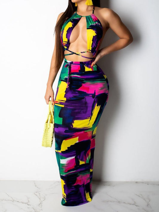 Women ColorBlock Halter Bandage Crop Top & Maxi Dress Sets - Two-piece Outfits - INS | Online Fashion Free Shipping Clothing, Dresses, Tops, Shoes - 17/05/2021 - Color_Multicolor - Set210519203