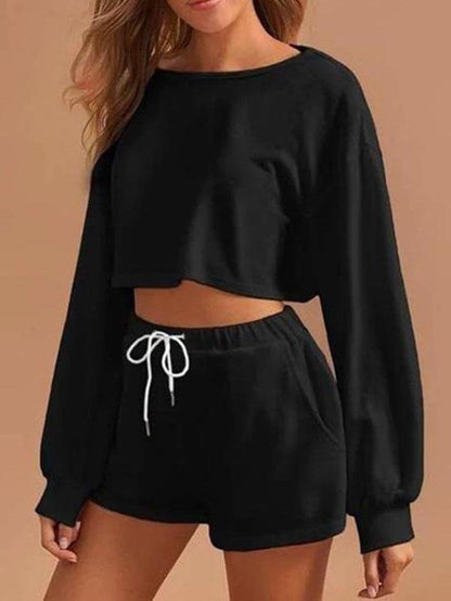 Women crop top sweater set - Loungewear - INS | Online Fashion Free Shipping Clothing, Dresses, Tops, Shoes - Black - Color_Black - Color_Gray