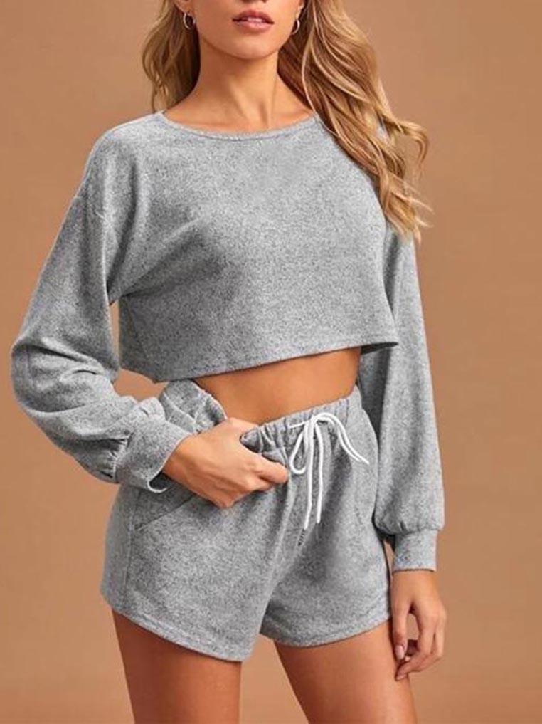 Women crop top sweater set - Loungewear - INS | Online Fashion Free Shipping Clothing, Dresses, Tops, Shoes - Black - Color_Black - Color_Gray