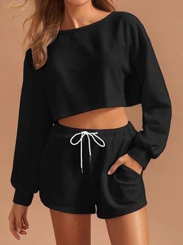 Women crop top sweater set - Loungewear - INS | Online Fashion Free Shipping Clothing, Dresses, Tops, Shoes - Black - Color_Black - Color_Gray
