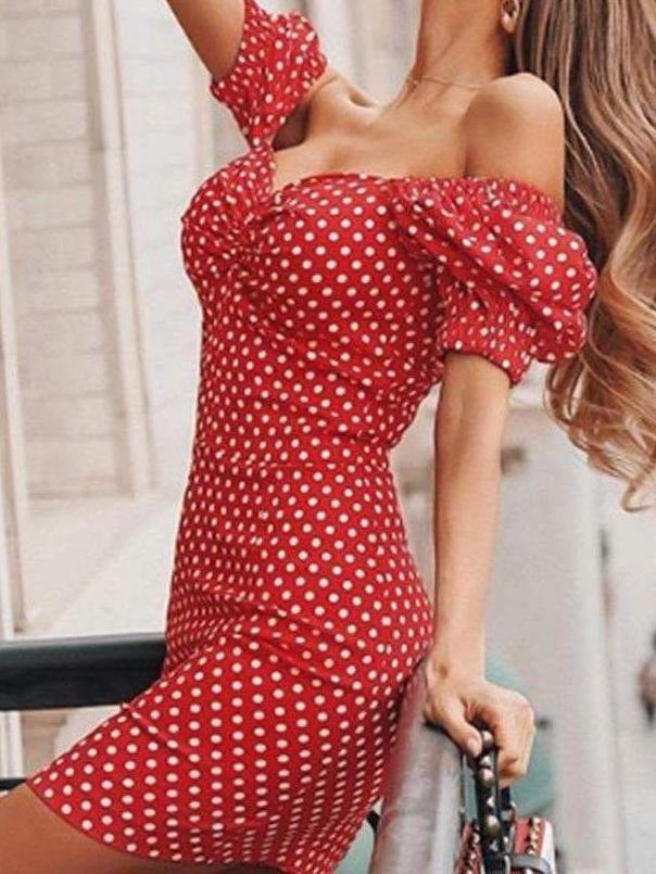 Women Dot Print Puff-sleeve Dress - Dresses - INS | Online Fashion Free Shipping Clothing, Dresses, Tops, Shoes - dress - Dresses - hotsales