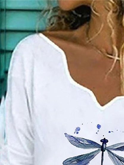 MsDressly® Dragonfly Printed White V Neck Long Sleeve T-shirt