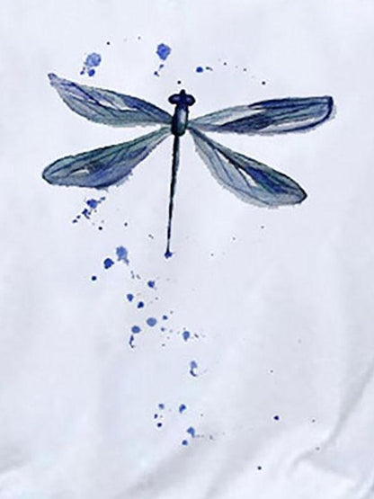 MsDressly® Dragonfly Printed White V Neck Long Sleeve T-shirt