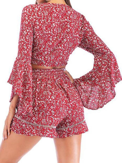 Women Floral Printed Chiffon Suit - Loungewear - INS | Online Fashion Free Shipping Clothing, Dresses, Tops, Shoes - Color_Red - L - Loungewear