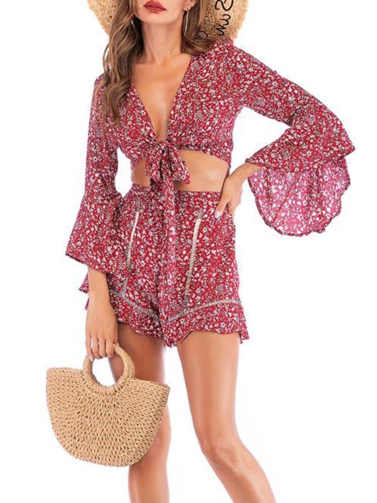 Women Floral Printed Chiffon Suit - Loungewear - INS | Online Fashion Free Shipping Clothing, Dresses, Tops, Shoes - Color_Red - L - Loungewear