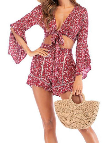 Women Floral Printed Chiffon Suit - Loungewear - INS | Online Fashion Free Shipping Clothing, Dresses, Tops, Shoes - Color_Red - L - Loungewear