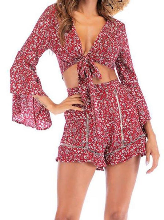 Women Floral Printed Chiffon Suit - Loungewear - INS | Online Fashion Free Shipping Clothing, Dresses, Tops, Shoes - Color_Red - L - Loungewear