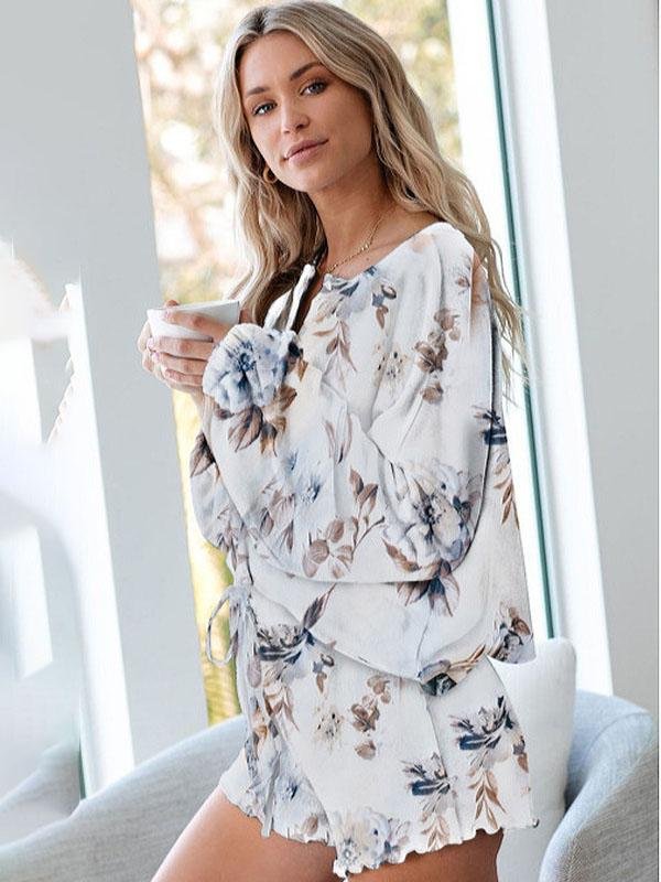 Women Floral Printed Ruffle Short Pajamas Set - Two-piece Outfits - INS | Online Fashion Free Shipping Clothing, Dresses, Tops, Shoes - 14/05/2021 - 140521 - Color_White