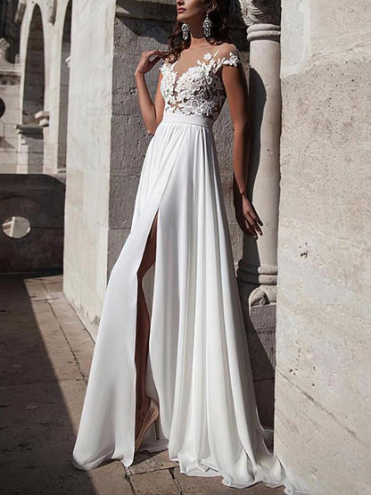 Women Lace Chiffon Split Maxi Wedding Dress - Wedding Dresses - INS | Online Fashion Free Shipping Clothing, Dresses, Tops, Shoes - 30/03/2021 - Color_White - Dresses