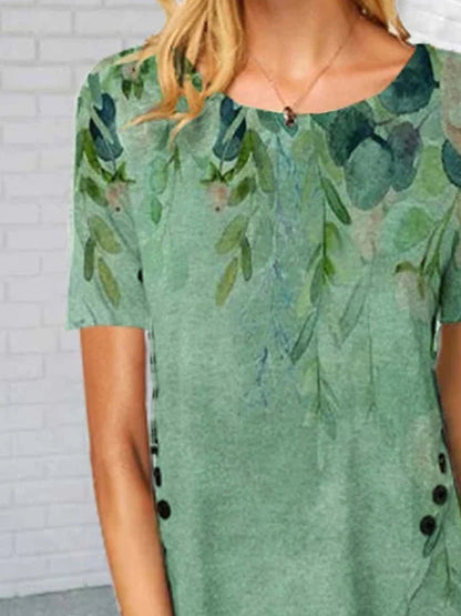 Women Leaf Printed Split Hem Round Neck Short Sleeve T-shirt - T-shirts - INS | Online Fashion Free Shipping Clothing, Dresses, Tops, Shoes - 18/05/2021 - Color_Green - Size_2XL