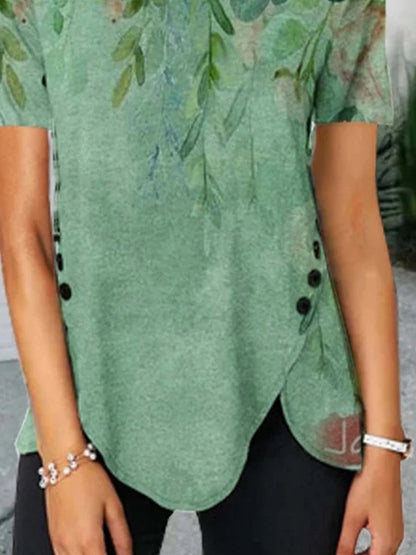 Women Leaf Printed Split Hem Round Neck Short Sleeve T-shirt - T-shirts - INS | Online Fashion Free Shipping Clothing, Dresses, Tops, Shoes - 18/05/2021 - Color_Green - Size_2XL