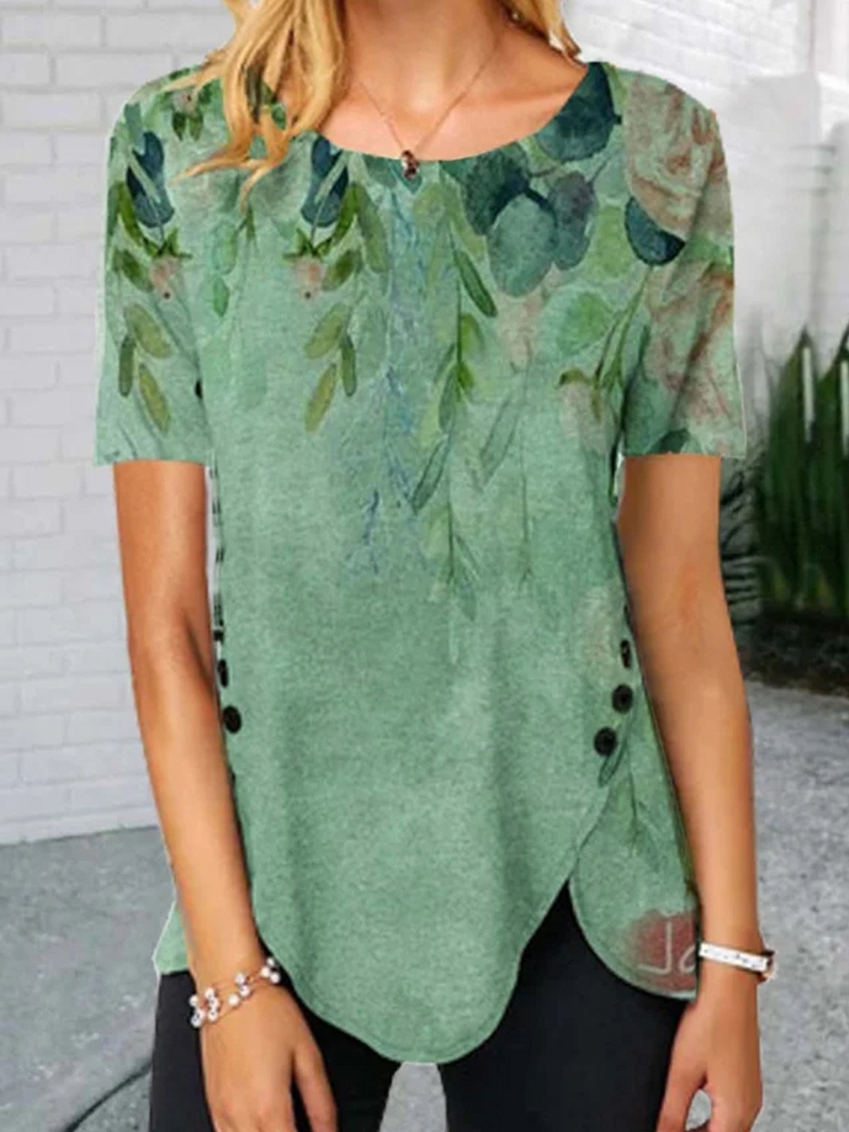 Women Leaf Printed Split Hem Round Neck Short Sleeve T-shirt - T-shirts - INS | Online Fashion Free Shipping Clothing, Dresses, Tops, Shoes - 18/05/2021 - Color_Green - Size_2XL