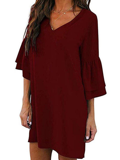 Women Loose Solid Color V Neck Mini Dress With Sleeve - Mini Dresses - INS | Online Fashion Free Shipping Clothing, Dresses, Tops, Shoes - 17/05/2021 - Color_Black - Color_Wine Red