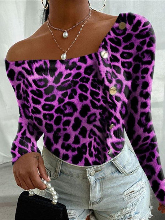 Women Off Shoulder Long Sleeve Leopard Print Top - INS | Online Fashion Free Shipping Clothing, Dresses, Tops, Shoes