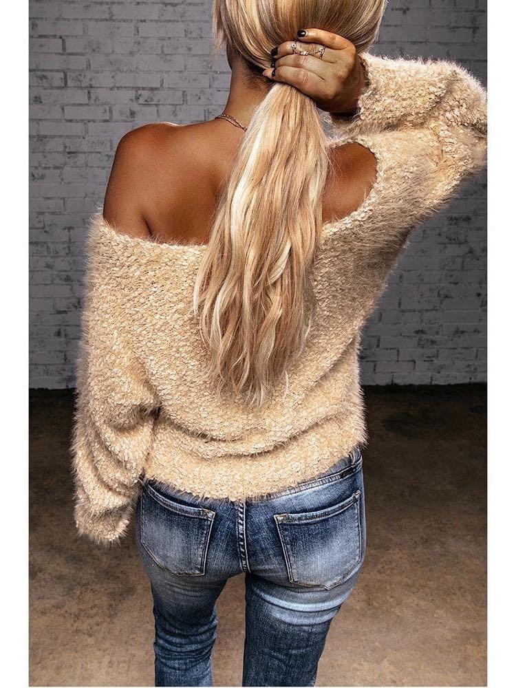Women off-shoulder plush knit sweater - INS | Online Fashion Free Shipping Clothing, Dresses, Tops, Shoes