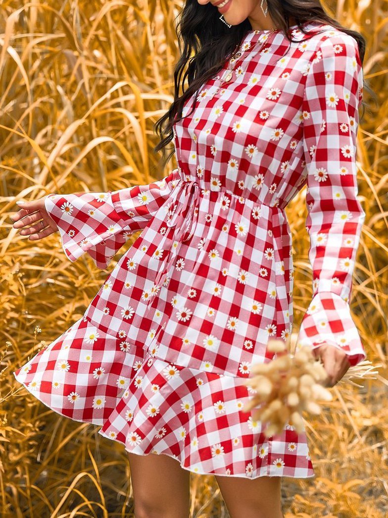 Women Plaid Print Belted Dress - Dresses - INS | Online Fashion Free Shipping Clothing, Dresses, Tops, Shoes - Autumn - Best Seller - Color_Red