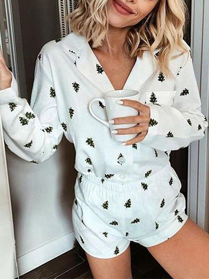 Women Printed Long Sleeve Short Pant Suit - Loungewear - INS | Online Fashion Free Shipping Clothing, Dresses, Tops, Shoes - 2XL - Color_White - L