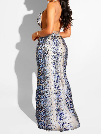 Women Snakeskin Halter Bandage Crop Top & Maxi Dress Sets - Two piece Outfits - INS | Online Fashion Free Shipping Clothing, Dresses, Tops, Shoes - 17/05/2021 - Color_Blue - Color_Red