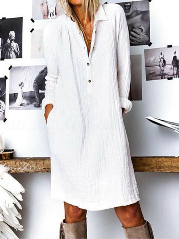 Women Solid Cotton And Linen Long-sleeved Dress