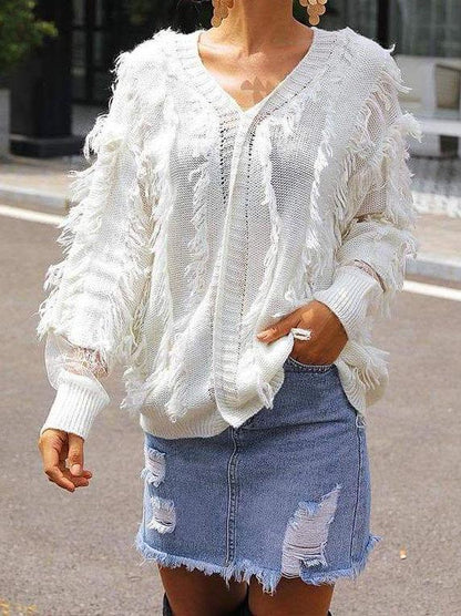 Women Spring V Neck Tassel Lace stitching Sweater Crop Top Pullover - Sweaters - INS | Online Fashion Free Shipping Clothing, Dresses, Tops, Shoes - Sweaters - -