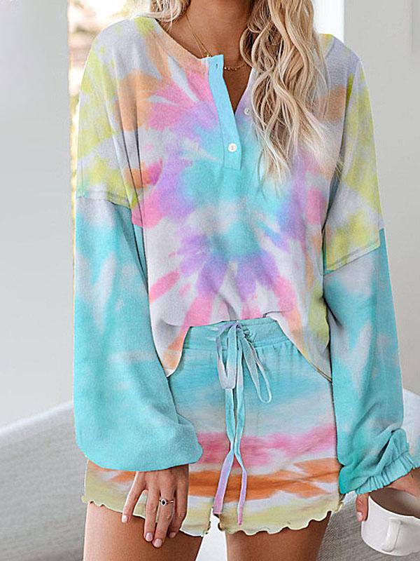 Women Tie Dye Printed Ruffle Short Pajamas Set - Two-piece Outfits - INS | Online Fashion Free Shipping Clothing, Dresses, Tops, Shoes - 14/05/2021 - 140521 - Color_Multicolor