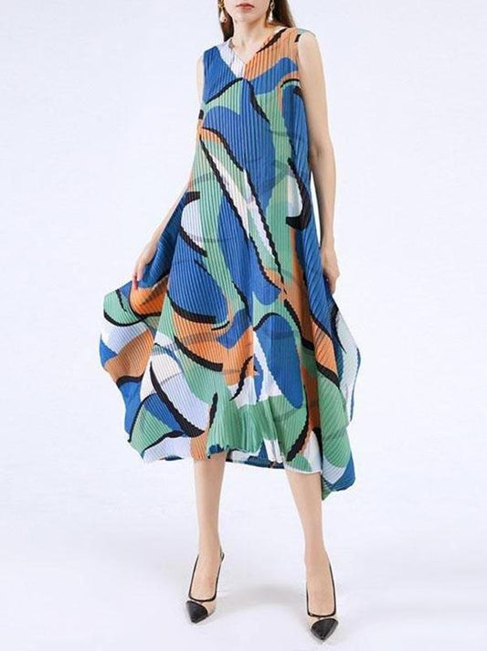 Women V Neck Sleeveless Geometry Print Irregular Hem Dress - Dresses - INS | Online Fashion Free Shipping Clothing, Dresses, Tops, Shoes - 13/05/2021 - 130521 - Color_Blue