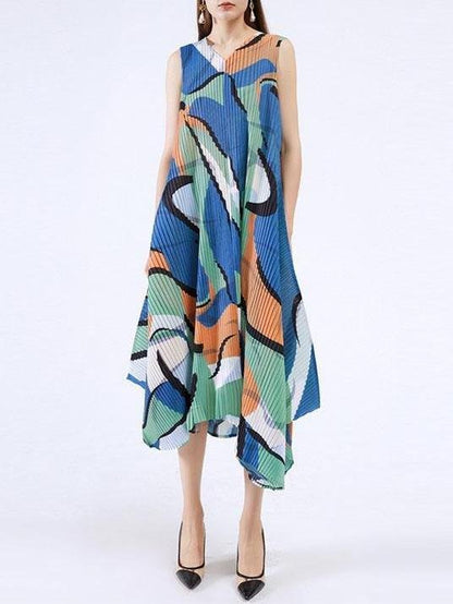 Women V Neck Sleeveless Geometry Print Irregular Hem Dress - Dresses - INS | Online Fashion Free Shipping Clothing, Dresses, Tops, Shoes - 13/05/2021 - 130521 - Color_Blue