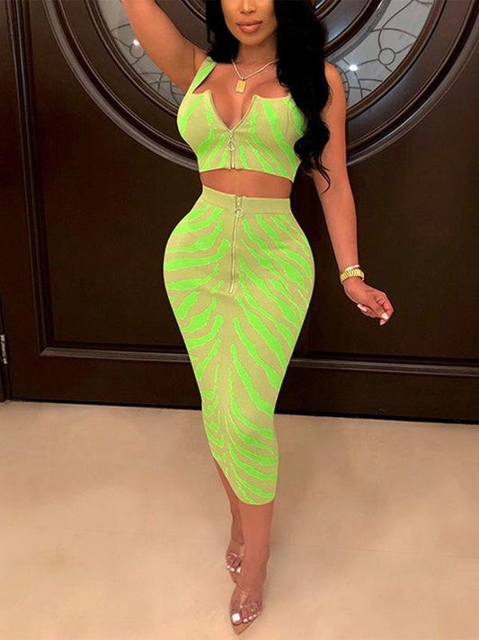 Women Zipper Up Square Neck Crop Top & Pencil Midi Skirts Set - Two-piece Outfits - INS | Online Fashion Free Shipping Clothing, Dresses, Tops, Shoes - 17/05/2021 - Color_Green - Color_Pink