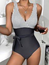 Women's Bikinis Striped Print V-Neck Belted One-Piece Swimsuit - Bikinis - Instastyled | Online Fashion Free Shipping Clothing, Dresses, Tops, Shoes - 03/03/2022 - 20-30 - BIK2203031134