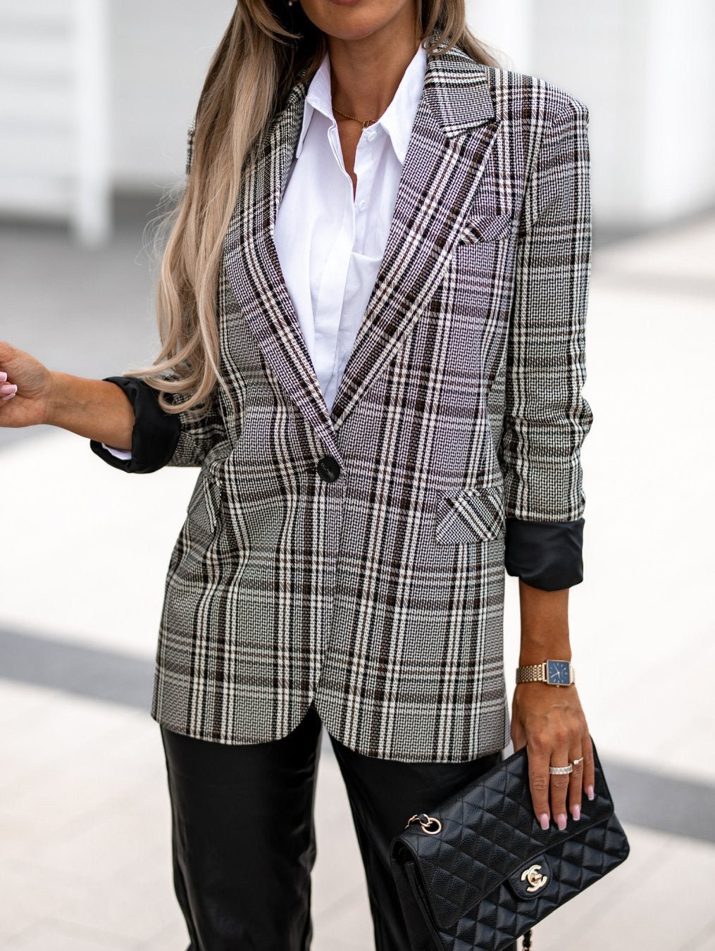 Women's Blazers Lapel Check Print Long Sleeve Blazer - Blazers - Instastyled | Online Fashion Free Shipping Clothing, Dresses, Tops, Shoes - 02/09/2022 - 40-50 - blazers