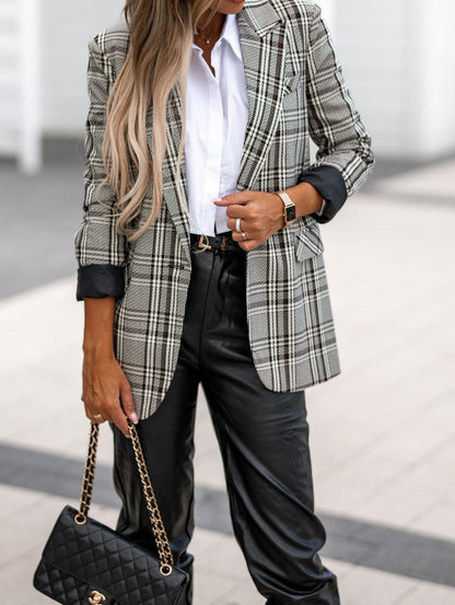 Women's Blazers Lapel Check Print Long Sleeve Blazer - Blazers - Instastyled | Online Fashion Free Shipping Clothing, Dresses, Tops, Shoes - 02/09/2022 - 40-50 - blazers