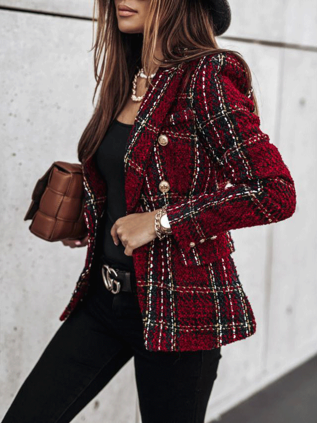 Women's Blazers Plaid Double-Breasted Long Sleeve Blazer - Blazers - INS | Online Fashion Free Shipping Clothing, Dresses, Tops, Shoes - 20-30 - 21/10/2021 - BLA2110211152