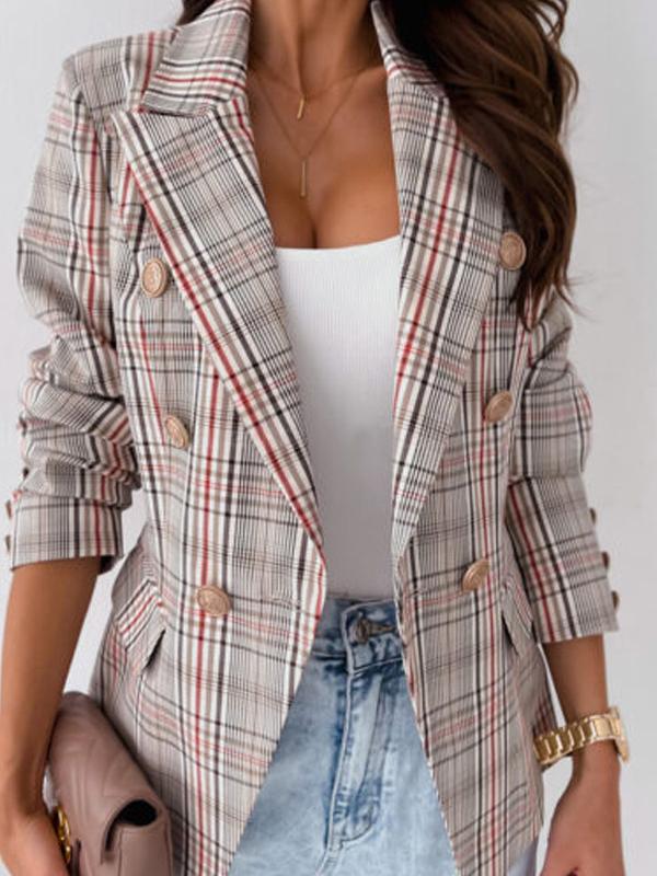 Women's Blazers Plaid Double-Breasted Long Sleeve Blazer - Blazers - INS | Online Fashion Free Shipping Clothing, Dresses, Tops, Shoes - 09/11/2021 - 30-40 - BLA2111091172