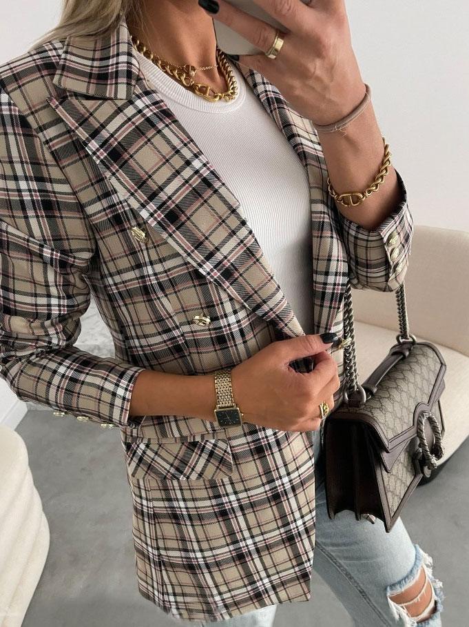 Women's Blazers Plaid Lapel Button Pocket Long Sleeve Blazer - Blazers - INS | Online Fashion Free Shipping Clothing, Dresses, Tops, Shoes - 08/11/2021 - 30-40 - BLA2111081169