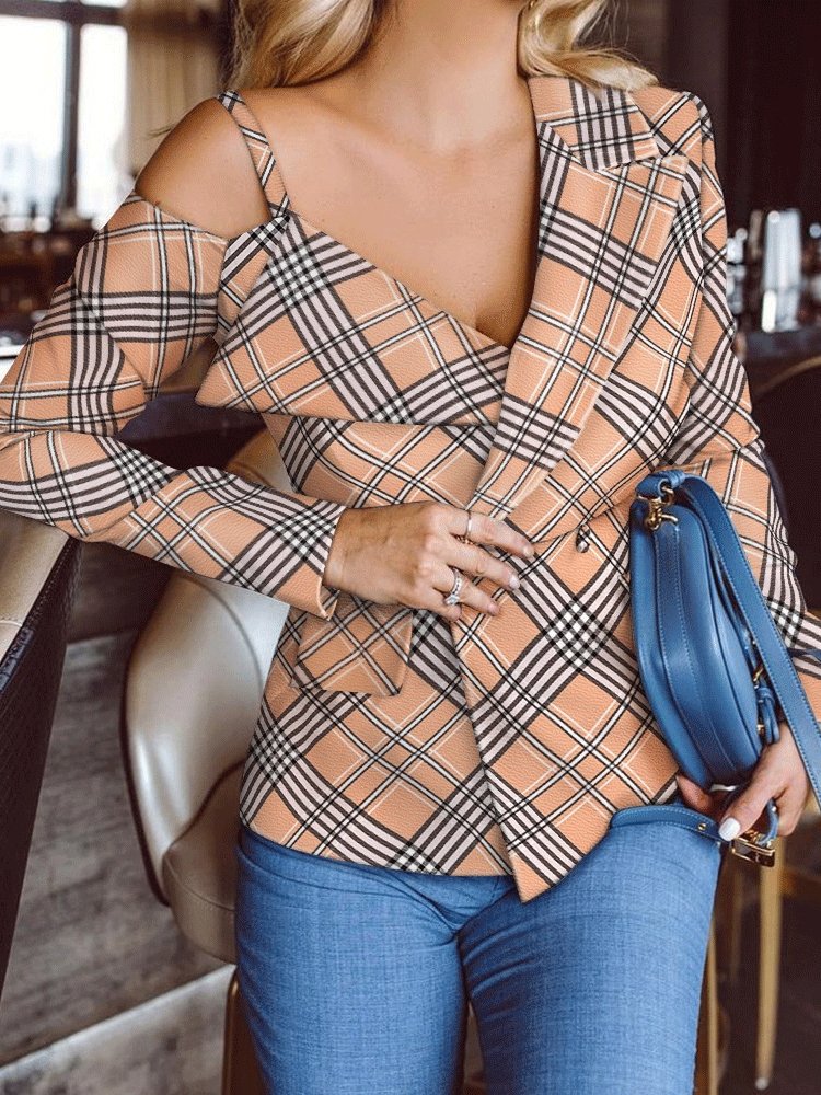 Women's Blazers Plaid V-Neck Sling Long Sleeve Blazers - Blazers - INS | Online Fashion Free Shipping Clothing, Dresses, Tops, Shoes - 09/11/2021 - 30-40 - BLA2111091170