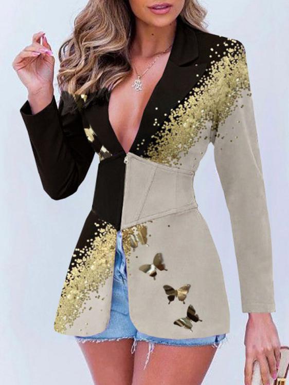 Women's Blazers Printed Lapel Zip Long Sleeve Blazer - MsDressly