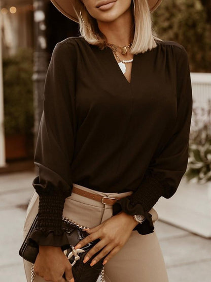 Women's Blouse Pure Simple V-Neck Long Sleeve Blouse - Blouses - INS | Online Fashion Free Shipping Clothing, Dresses, Tops, Shoes - 06/11/2021 - 20-30 - BLO2111061415