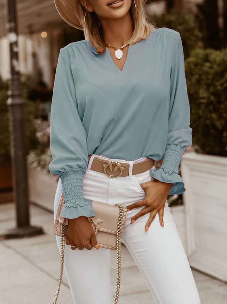 Women's Blouse Pure Simple V-Neck Long Sleeve Blouse - Blouses - INS | Online Fashion Free Shipping Clothing, Dresses, Tops, Shoes - 06/11/2021 - 20-30 - BLO2111061415
