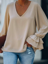 Women's Blouse Solid V-Neck Ruffle Long Sleeve Blouse - MsDressly