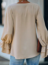 Women's Blouse Solid V-Neck Ruffle Long Sleeve Blouse - MsDressly