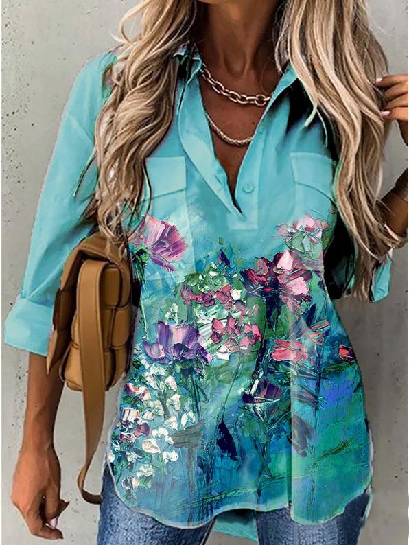 Women's Blouses Abstract Painting Print Long Sleeve Pocket Blouse - Blouses - INS | Online Fashion Free Shipping Clothing, Dresses, Tops, Shoes - 09/10/2021 - BLO2110091367 - Blouses