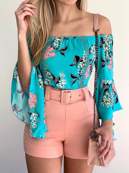 Women's Blouses Boat Neck Printed Flared Long Sleeve Blouse - Blouses - Instastyled | Online Fashion Free Shipping Clothing, Dresses, Tops, Shoes - 16/03/2022 - 30-40 - BLO2203161633