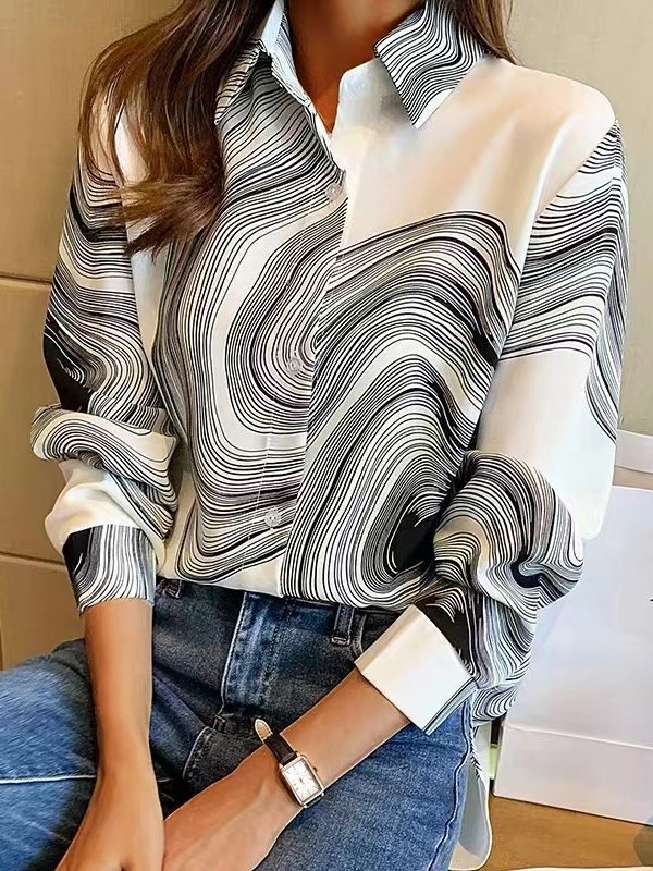 Blouses - Button Long Sleeves Lapel Printed Blouse - MsDressly