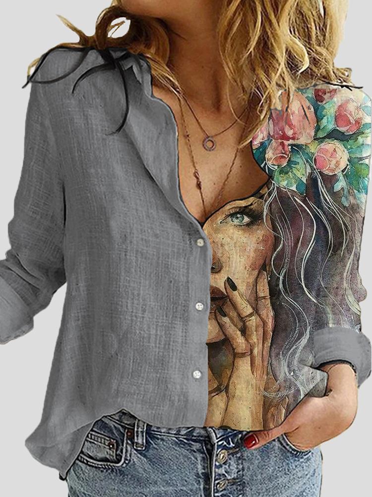 Women's Blouses Cartoon Portrait Print Button Long Sleeve Blouse - Blouses - INS | Online Fashion Free Shipping Clothing, Dresses, Tops, Shoes - 20-30 - 25/10/2021 - BLO2110251389