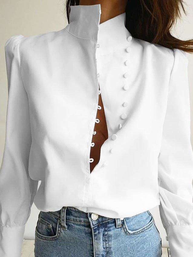 Women's Blouses Casual Button Stand Collar Long Sleeve Blouse - Blouses - Instastyled | Online Fashion Free Shipping Clothing, Dresses, Tops, Shoes - 17/01/2022 - 40-50 - BLO2201171549