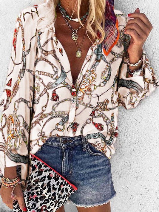 Women's Blouses Chain Print Stand Collar Long Sleeve Blouse - Blouses - Instastyled | Online Fashion Free Shipping Clothing, Dresses, Tops, Shoes - 20-30 - 25/08/2022 - BLO2208251845
