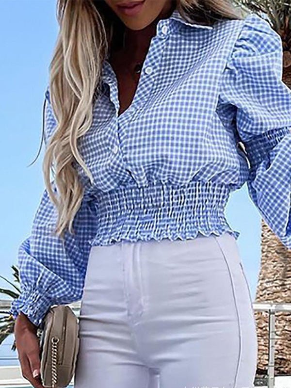 Women's Blouses Check Print Button Elastic Waist Long Sleeves Blouse - MsDressly