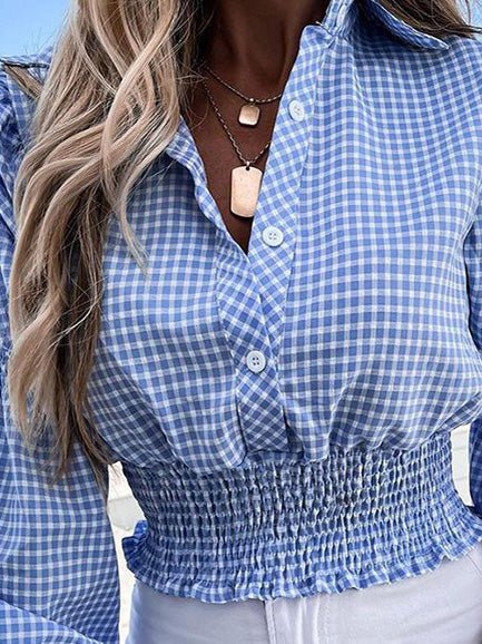 Women's Blouses Check Print Button Elastic Waist Long Sleeves Blouse - MsDressly